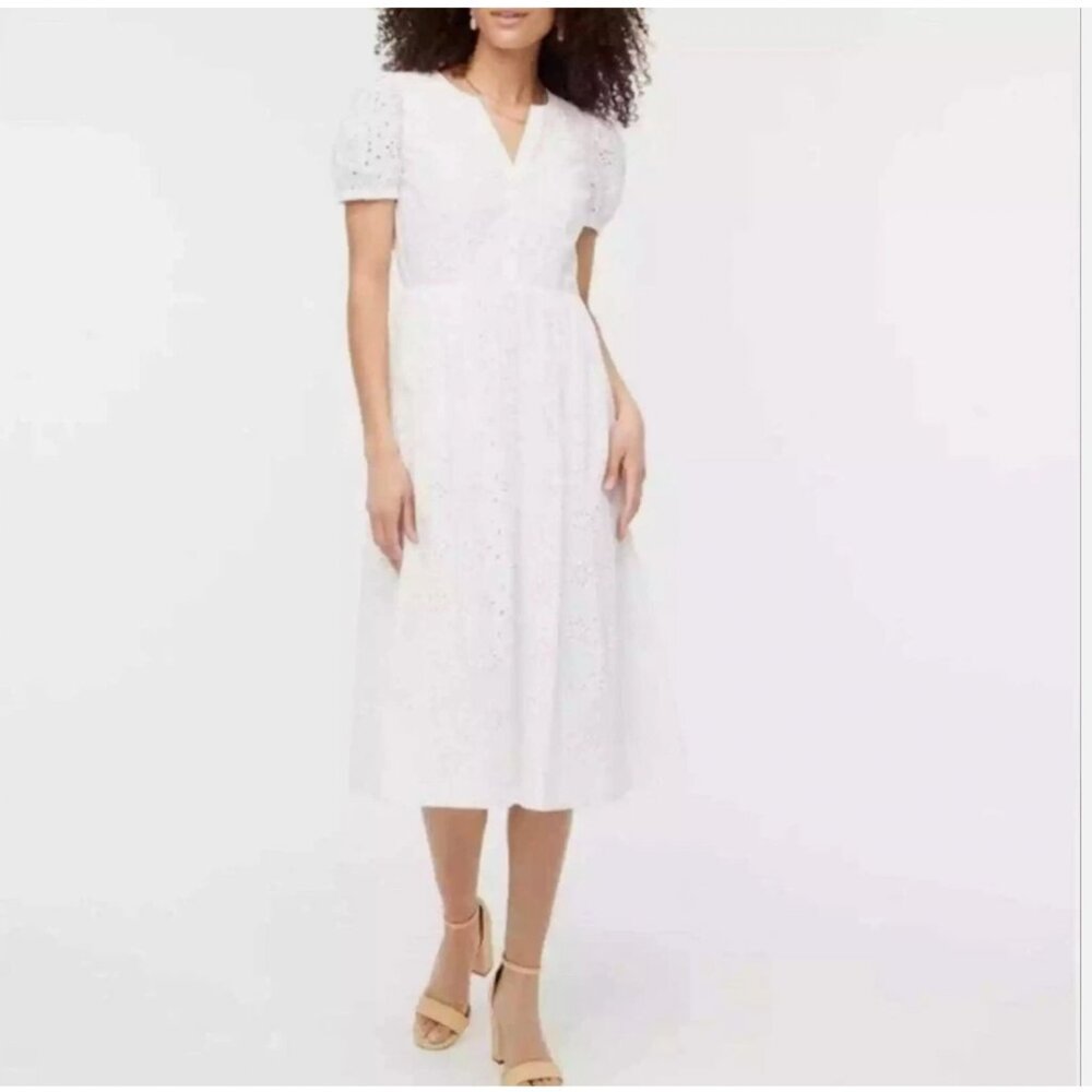 J. Crew Factory Eyelet Midi Dress Puff Sleeve Boho‎ Summer Graduation Coastal